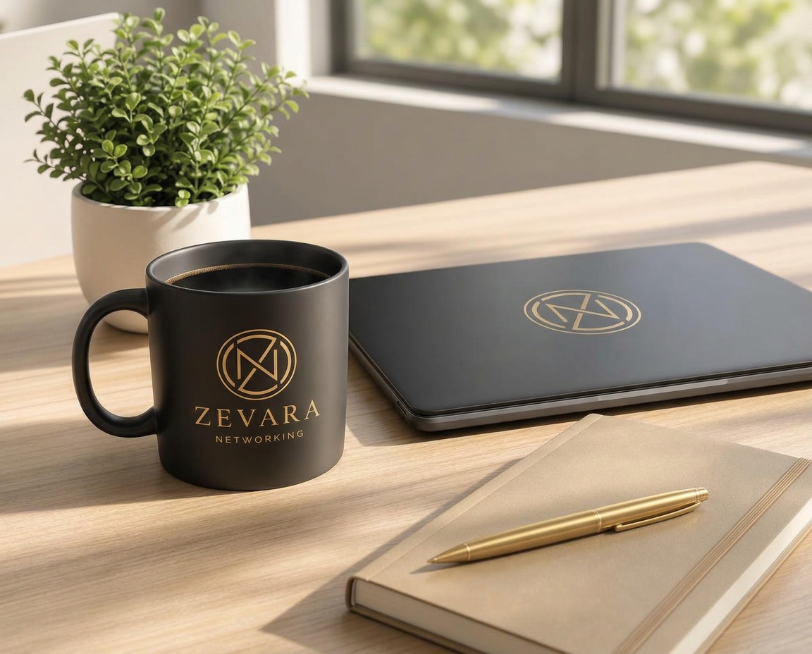 Zevara Networking branded mug and laptop on a bright desk