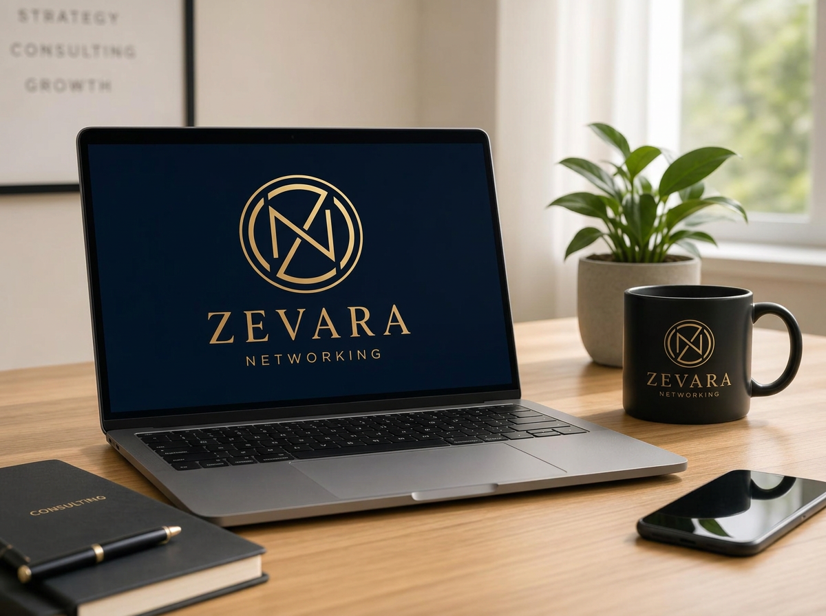 Laptop displaying the Zevara Networking logo on a bright desk
